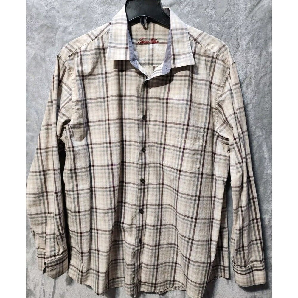 Tasso Elba Shirt Men's XL (17-17.5) Brown Check Button Up Western Cotton